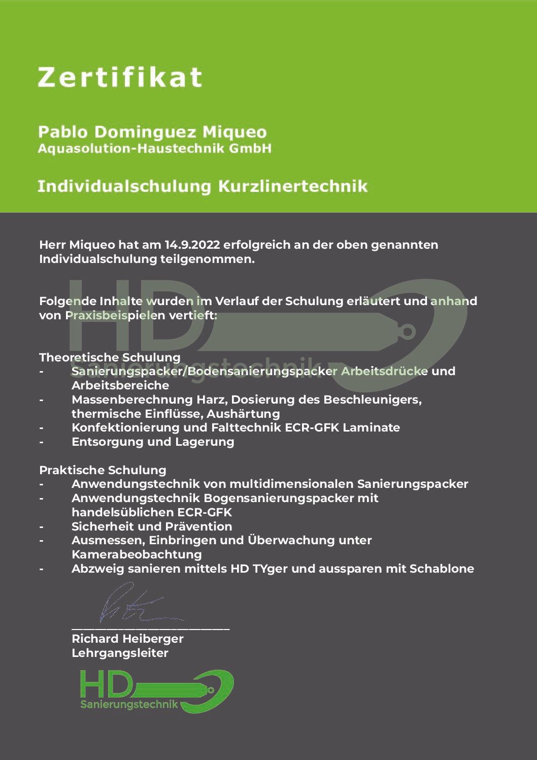 HD-Sanierungstechnik GmbH - Individualschulung von Kurzlinertechnik